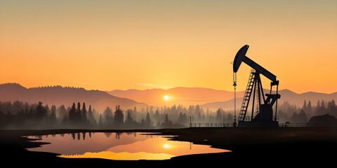 Silhouette of pumpjack at sunrise in oil drilling company symbolizing growth. Concept Sunrise, Pumpjack, Oil Drilling Company, Growth, Symbolism