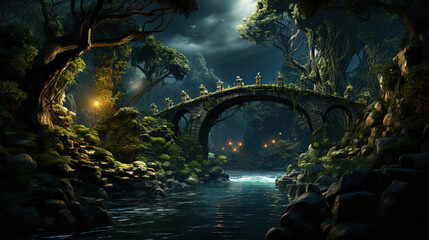 a forest scene with a turbulent river and a bridge made of branches and leaves to cross it