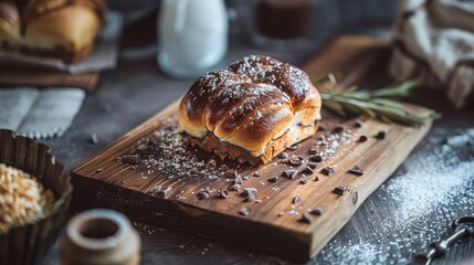 Poster - Wooden board with a chocolate bread bun