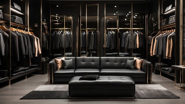 Luxury store of men clothing with black sofa, male wardrobe interior