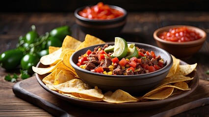 Mexican corn tortilla chips with fiery red salsa and seasoned beef are used to make nachos. The dish is displayed on a wooden background with copy space.
