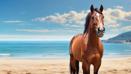 Wall Mural - Handsome horse at the beach ocean view. Funny Summer vacation, holidays concept.