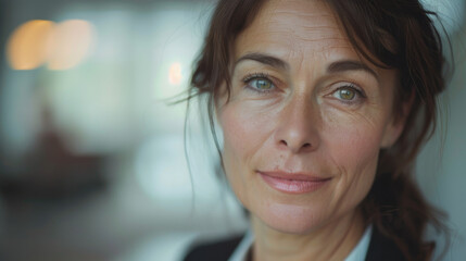 Wall Mural -  A close-up of a woman with a subtle smile and thoughtful eyes