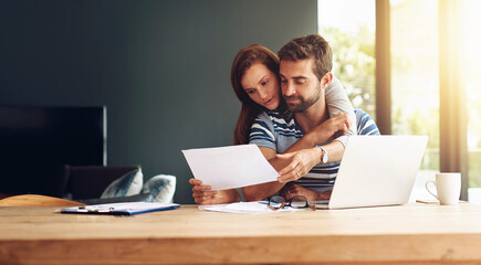 Poster - Documents, finance and laptop with couple in home together for bank investment or savings. Accounting, budget or computer for wealth management with man and woman in apartment for tax planning