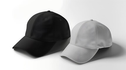 Wall Mural - Two baseball caps, one black and one  mockup white, presented on a plain background for versatile use in design and marketing. 