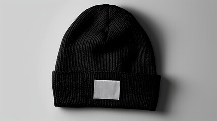 A black beanie mockup hat with a blank white label isolated on a plain background, perfect for adding your brand logo. 