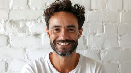 Portrait of a cheerful young man with a beard smiling against a white brick wall background. 