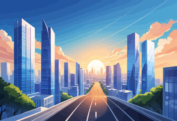 Wall Mural - a painting of a city street with tall buildings