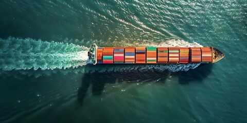 Wall Mural - Global Logistics Aerial View of Cargo Ship Transporting Containers in the Ocean. Concept Logistics, Shipping, Cargo Ship, Aerial View, Ocean Transport