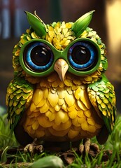 owl with green background, portrait of an owl with feathers. portrait of an owl, owl in the grass, 3D render bright orange owl, adorable big eyes, in a garden with bugs, lush greenery

