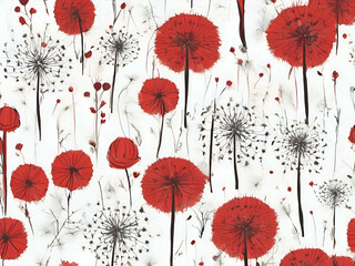 Wall Mural - abstract childish Floral pattern , cute cartoon dandelions flowers white background red cell