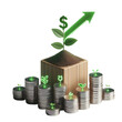 © nattapon - stack of silver coins the seedlings are growing on top with arrow of growth and green business icons on wooden cube concept of green business finance and sustainability investment carbon credit
