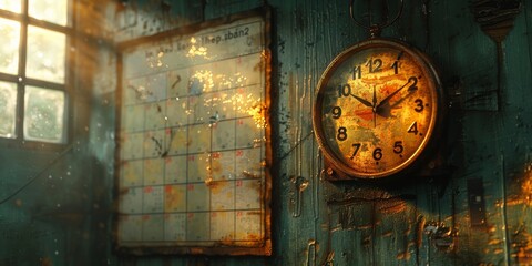 Wall Mural - The clock shows late evening, and the calendar poster is detailed, creating a sense of time and routine.