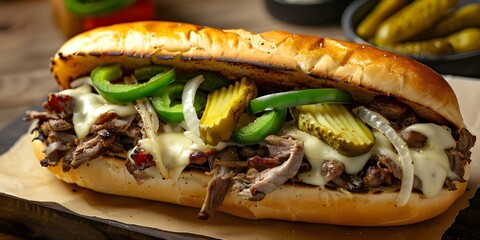 Wall Mural - Delicious Philly Cheesesteak with Ribeye, Pickles, Green Peppers, Onions, and Provolone in a Roll. Concept Sandwich, Philly Cheesesteak, Ribeye, Pickles, Green Peppers, Onions, Provolone, Food