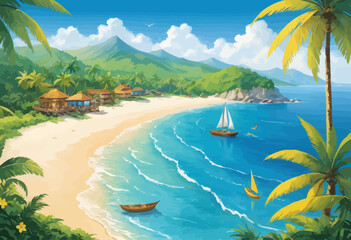 Wall Mural - a painting of a tropical beach with palm trees