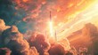 © wanna - 3D rendering of a rocket launch, with colorful clouds and sun rays in the sky