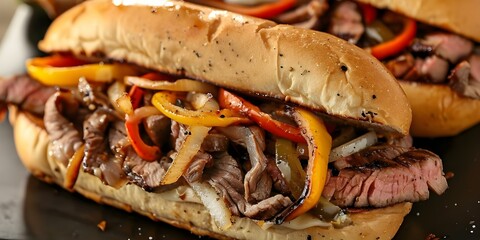 Wall Mural - How to Make a Mouthwatering Philly Cheesesteak Sandwich with Ribeye, Provolone, Onions, Peppers, and Pickles. Concept Cooking instructions, Ingredients list, Philly cheesesteak recipe
