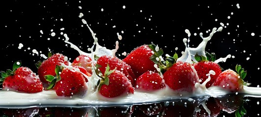 Wall Mural - A group of strawberries with splash milk on the balck background