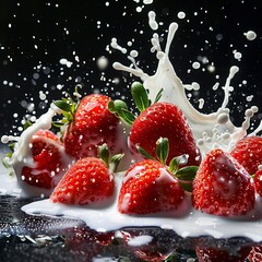 Wall Mural - A group of strawberries with splash milk on the balck background