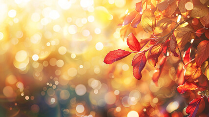 Wall Mural - Autumn tree branch with red and yellow leaves on blurred bokeh background with sun light, fall season nature abstract image, bright color autumnal golden foliage on sunny day close-up, copy space