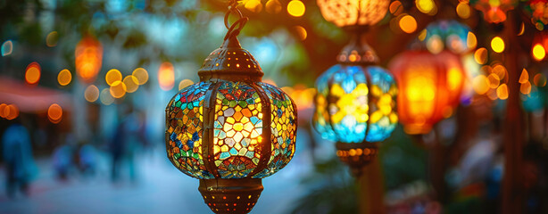 Wall Mural - Glowing and colorful Islamic lanterns celebrating Ramadan and Eid al-Adha