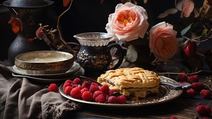 Wall Mural - a plate of food and a cup of tea with a flower