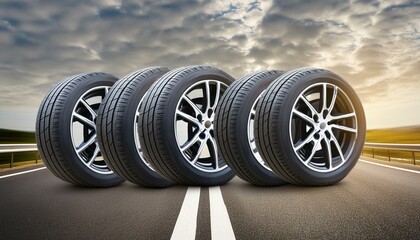 Wall Mural - Advanced Safety: Detailed Illustration of Four Rolling Car Tires on a Gray Road