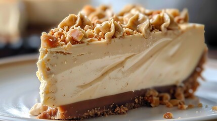 A slice of creamy layered peanut butter pie garnished with chopped nuts on a white plate, perfect for dessert menus and culinary websites. 