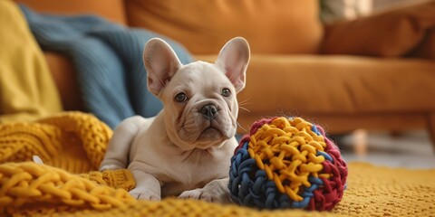 Happy French Bulldog puppy playing with a colorful toy in a cozy living room setting, full of warmth and charm