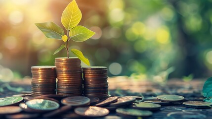 A young plant growing on a stack of coins against a blurred natural background, symbolizing financial growth and investment success