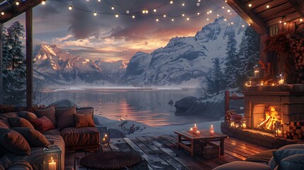 A cozy cabin interior with a warm fireplace, comfortable seating, and a scenic view of a snowy mountain landscape at dusk, complete with decorative lights. 