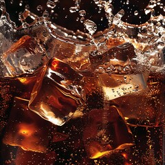 Wall Mural - Cola with Ice. Close up of the ice cubes in cola water. Texture of carbonate drink with bubbles in glass. Cola soda and ice splashing fizzing or floating up to top of surface. Cold drink background