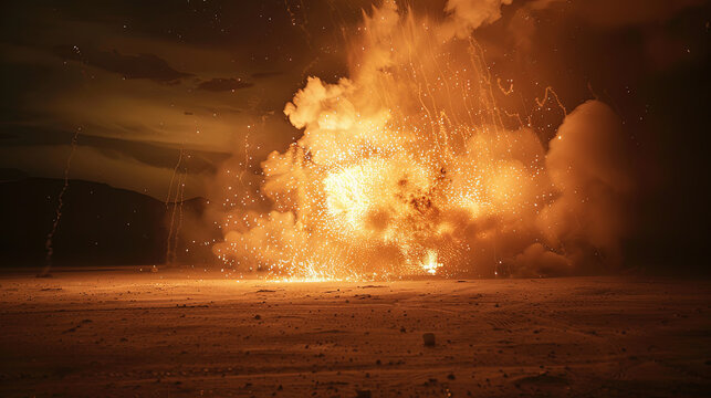 A large explosion is depicted in the image, with a lot of smoke and fire