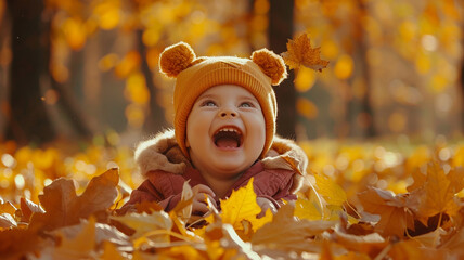Wall Mural - Happy little child, baby girl laughing and playing in autumn. Happy little child, baby girl laughing and playing in the autumn on the nature walk outdoors