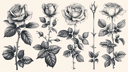 A collection of rose foliage in black and white, with a botanical illustration of a blooming spring garden.