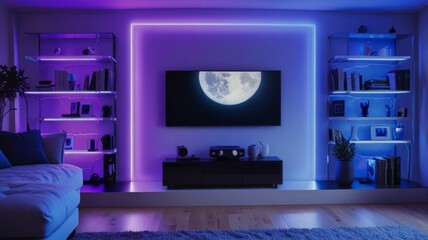 realistic Design a living room. YouTube studio background. YouTube thumbnail background with a it RGB purppurple light setup, new gadgets, youtube silver button and soft and hard light one sile blue 