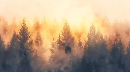 Wall Mural - The picture shows a beautiful landscape with a forest of pine trees in the morning mist.