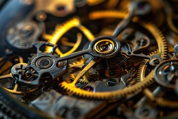 Close-up of the inner workings of a mechanical watch. Many different gears and parts. Technical background.