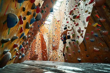 A male athlete climber ascends an artificial wall with colorful holds on an indoor climbing wall.