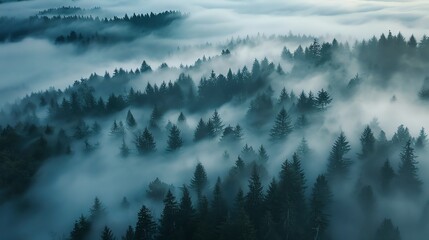 Canvas Print - Foggy forest from above. The sun is shining through the trees.