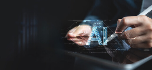 Wall Mural - man using ai technology, machine learning and artificial intelligence technology, data analytics and