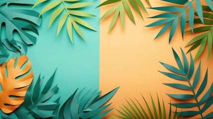 Sticker - Paper Palm Leaves Composition on Colored Background