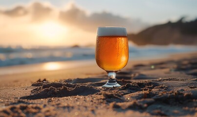 Wall Mural - A glass of beer sits on a sandy beach , Generative AI