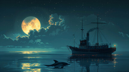 Wall Mural - A large ship is sailing in the ocean with a full moon in the background