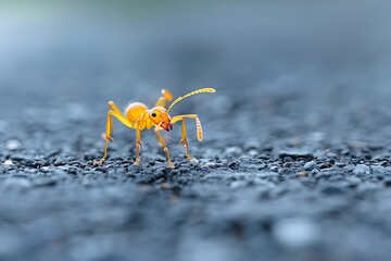 Wall Mural - Macro of a single orange translucent ant on gray ground. Shallow depth of field
