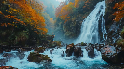 Wall Mural - Travel to the beautiful Colorful majestic waterfall in national park forest during autumn, soft water of the stream in the natural park