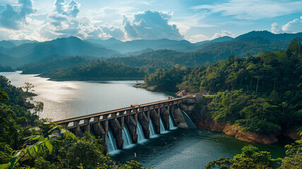 Wall Mural - Upstream view on top of the dam Surrounded by mountains and lush nature Pro Photo