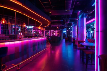 Wall Mural - An empty nightclub with vibrant neon lighting and a contemporary design, capturing the lively atmosphere of nightlife