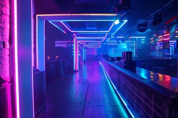 Wall Mural - A club with striking neon lighting and a clear central pathway guiding through