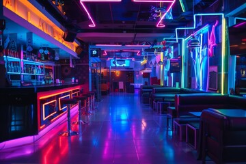 Wall Mural - A night scene of a trendy bar featuring brilliant neon lighting and a modern, colorful aesthetic